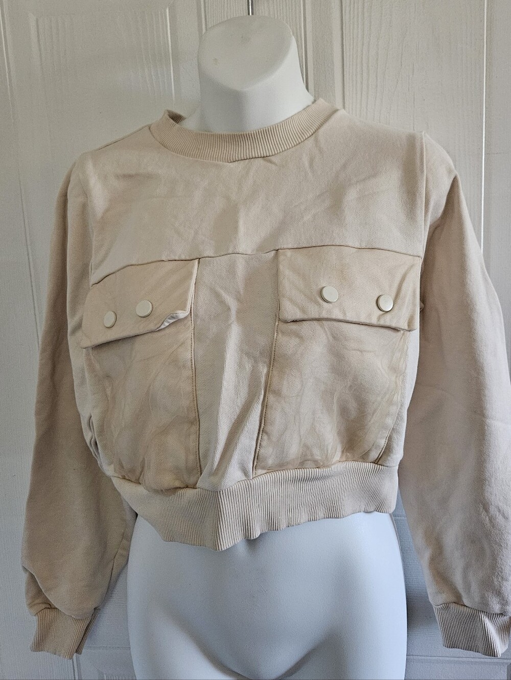 Anthropologie Cream Cropped Snap-Pocket Sweatshirt